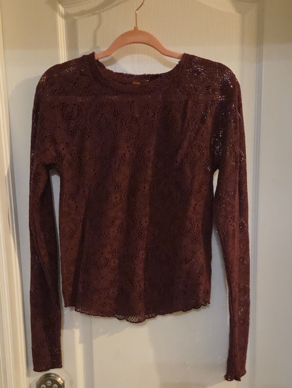 Free People Burgundy Floral Lace Long-Sleeve Tee